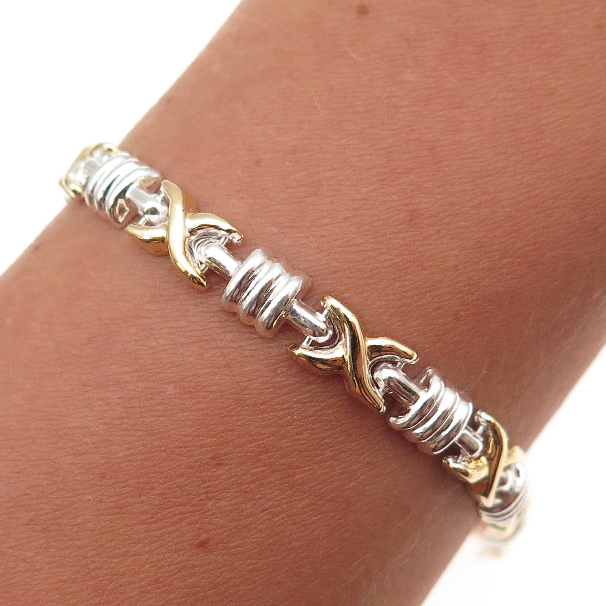 925 Sterling Silver 2-Tone Italy X-Link Bracelet 7"