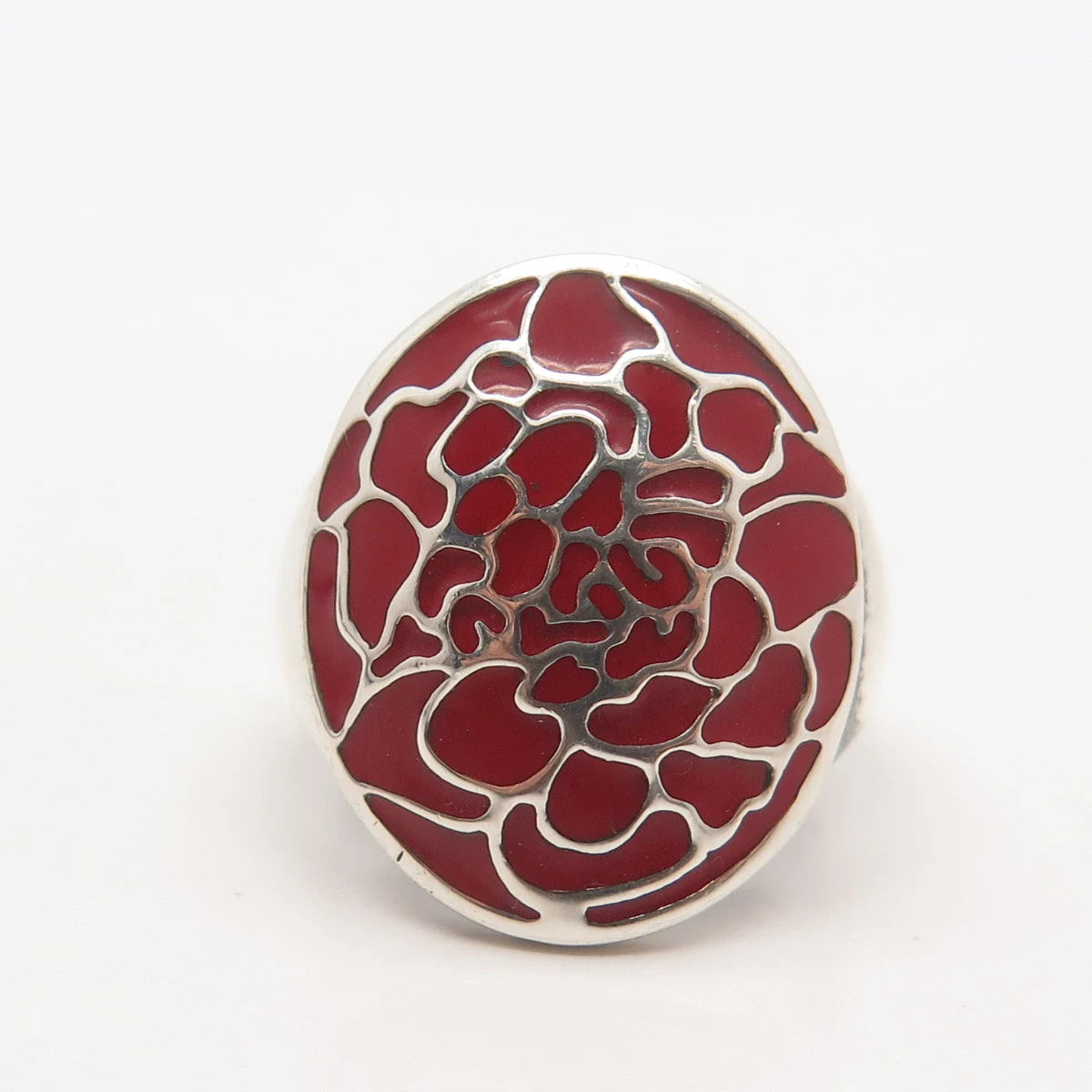 925 Sterling Silver Vintage Red Enamel Wide Ring Size 6.25