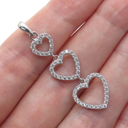 925 Sterling Silver Round-Cut C Z Graduated Heart Pendant