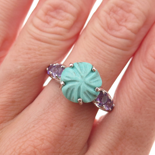 Chuck Clemency 925 Sterling Silver Real Turquoise Amethyst Floral Ring Size 8.25
