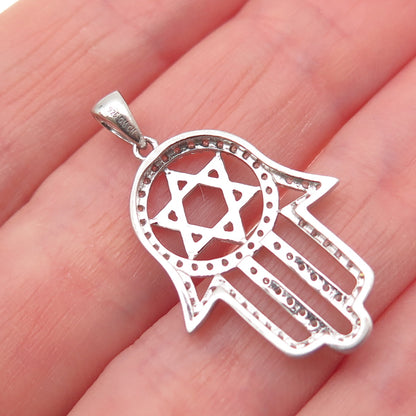 925 Sterling Silver Round-Cut C Z Star of David Hamsa Amulet Charm Pendant