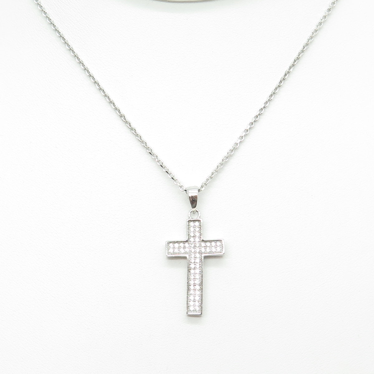 925 Sterling Silver Italy Round-Cut C Z Sparkle Cross Cable Chain Necklace 18"