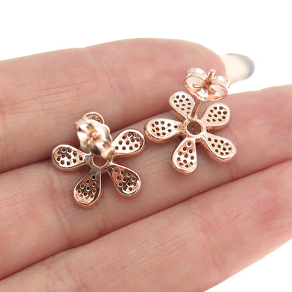 925 Sterling Silver Rose Gold Plated Round-Cut Smoky C Z Floral Earrings