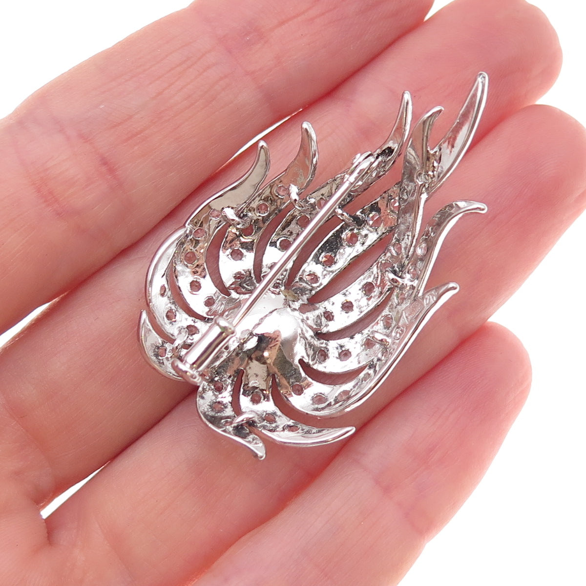 925 Sterling Silver Antique Art Deco Faux Pearl & Rhinestone Floral Pin Brooch