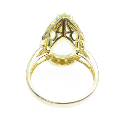 925 Sterling Silver Gold Plated Diamond & Pear-Cut Citrine Gem Ring Size 8.25