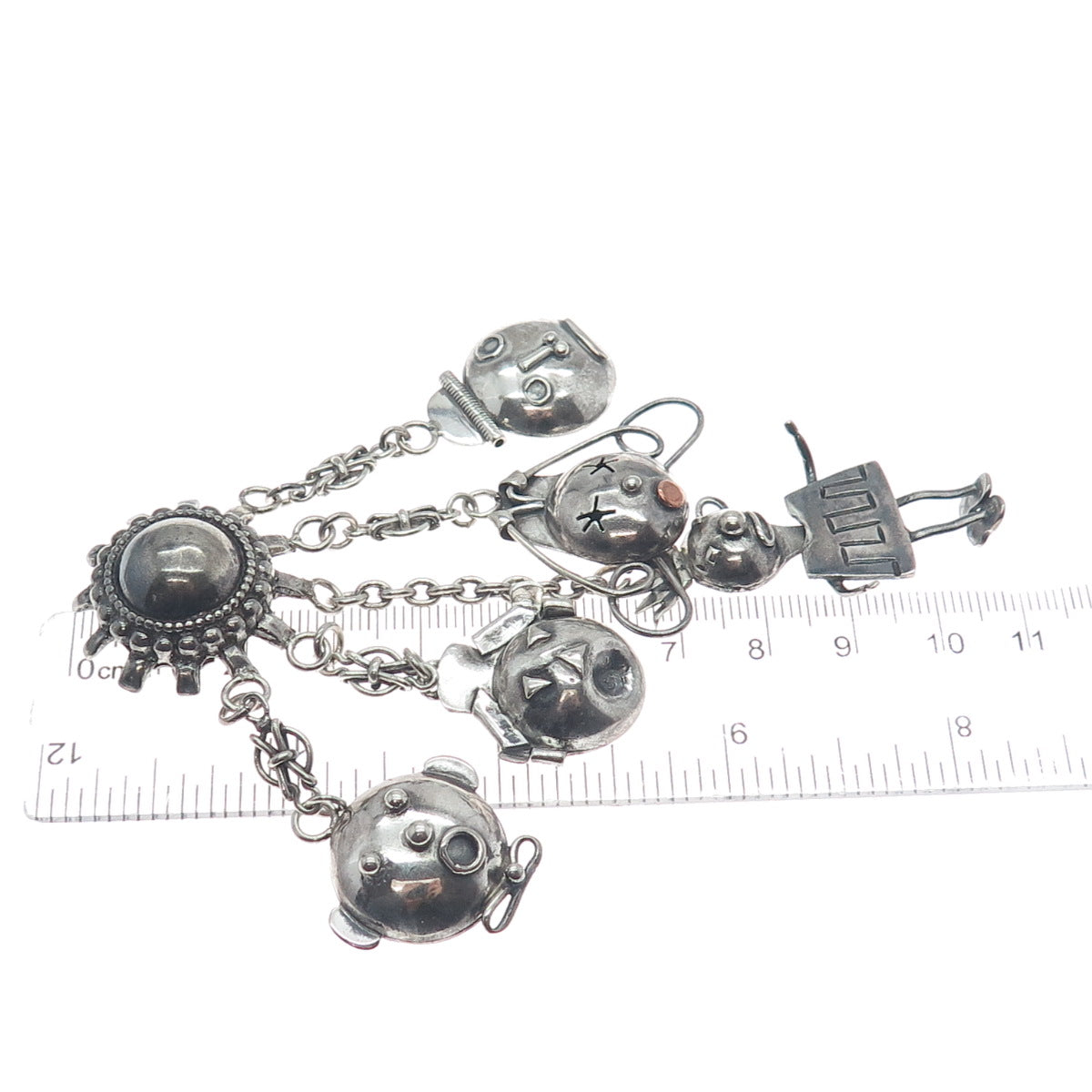 ROBYN'S 925 Sterling Vintage Children Modernist Chatelaine Oxidized Pin Brooch
