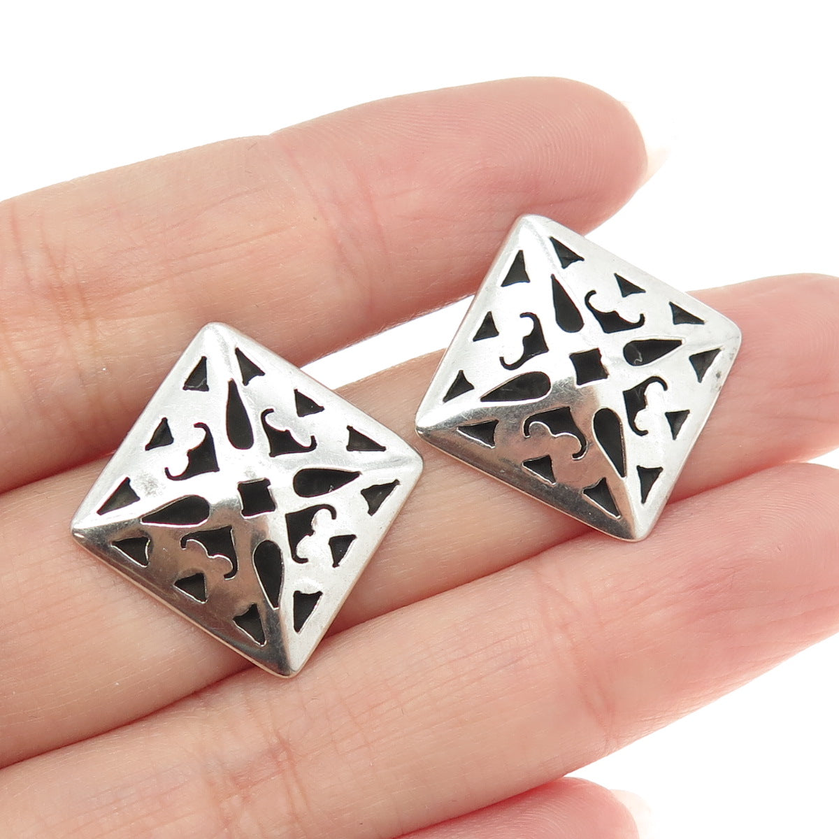 925 Sterling Silver Vintage Mexico Floral Pyramid Earrings