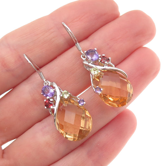 925 Sterling Silver Real Citrine Amethyst Peridot & Red Garnet Dangle Earrings