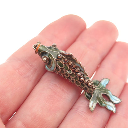 925 Sterling Silver Antique Art Deco Enamel Koi Fish Articulated Charm Pendant