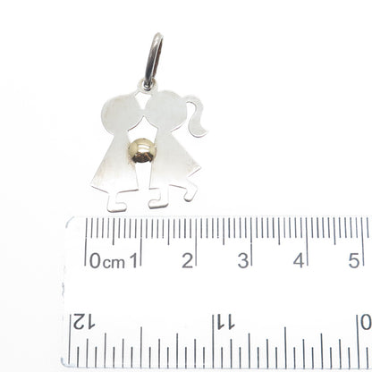 14K Gold & 925 Sterling Silver Vintage Italy Boy & Girl Kiss Charm Pendant