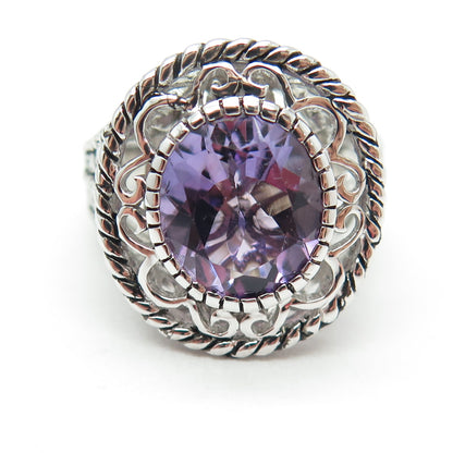 925 Sterling Silver Real Checkered Amethyst Gem Swirl Twisted Ring Size 7