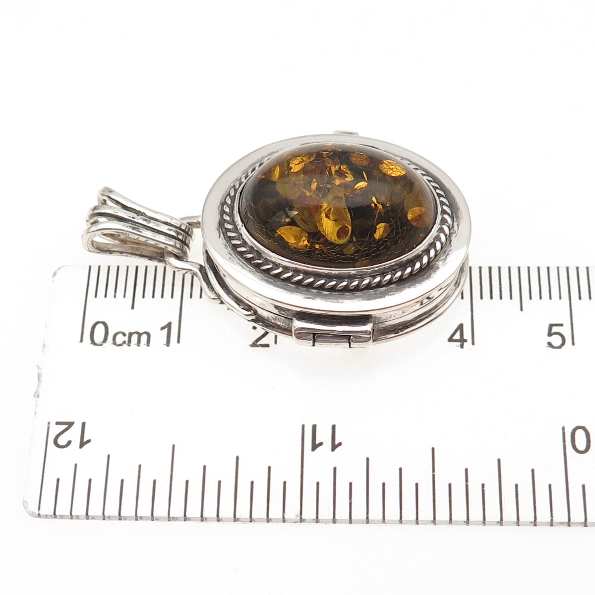 925 Sterling Silver Vintage Real Amber Oxidized Locket Pendant