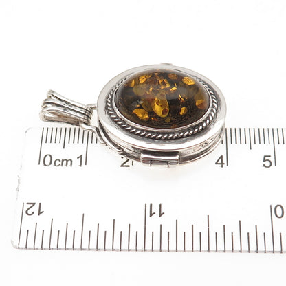 925 Sterling Silver Vintage Real Amber Oxidized Locket Pendant