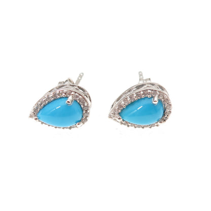 Chuck Clemency 925 Sterling Silver Real Turquoise & White Topaz Stud Earrings