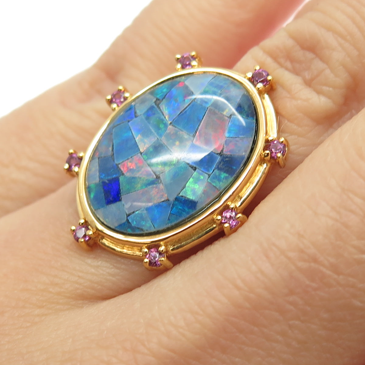 925 Sterling Silver Gold Plated Real Opal Inlay & Amethyst Ring Size 6