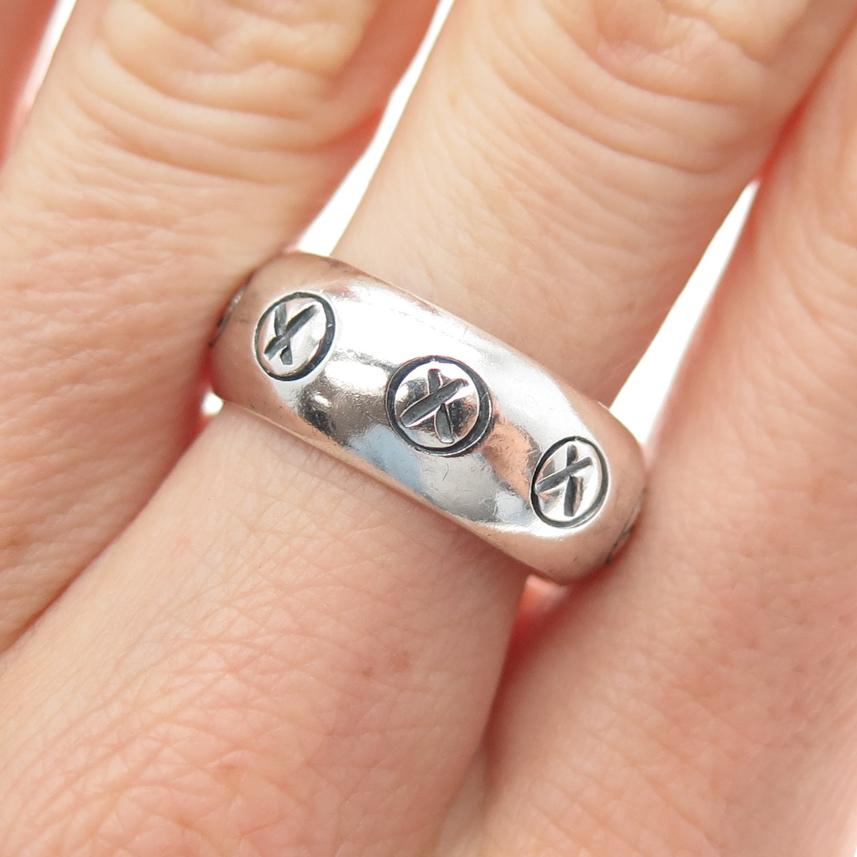 925 Sterling Silver Vintage Mexico X Symbol Oxidized Band Ring Size 7.75