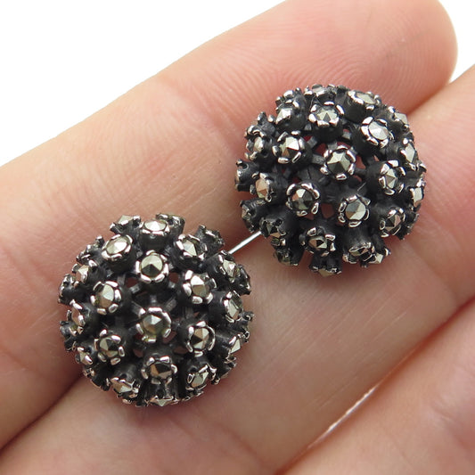 925 Sterling Silver Vintage Real Marcasite Gemstone Oxidized Stud Earrings