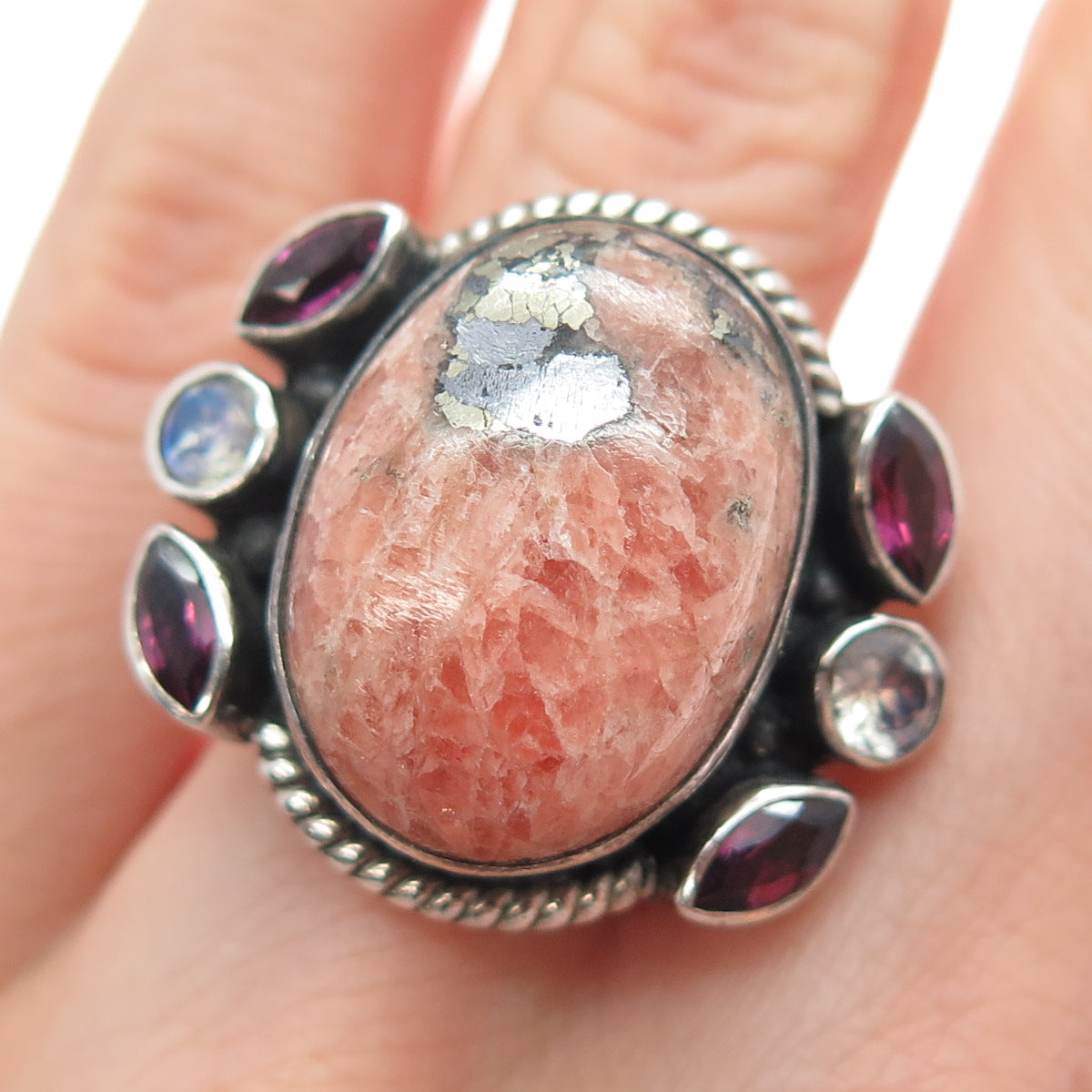 NICKY BUTLER 925 Sterling Vintage Rhodochrosite Moonstone Amethyst Ring Size 6.5
