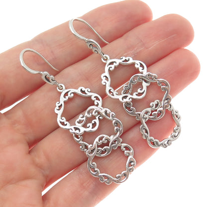 925 Sterling Silver Vintage Floral Scroll Circle Link Dangle Earrings