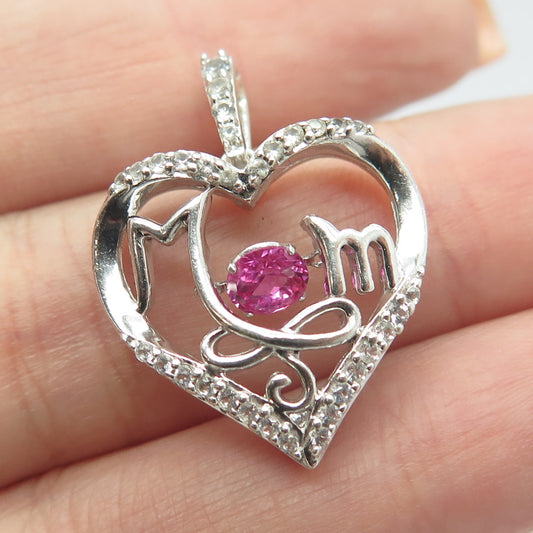 925 Sterling Silver Lab-Created Pink Sapphire & White Topaz "MOM" Heart Pendant