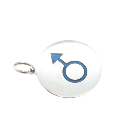 925 Sterling Silver Blue Enamel Male Symbol Round Tag Minimalist Charm Pendant