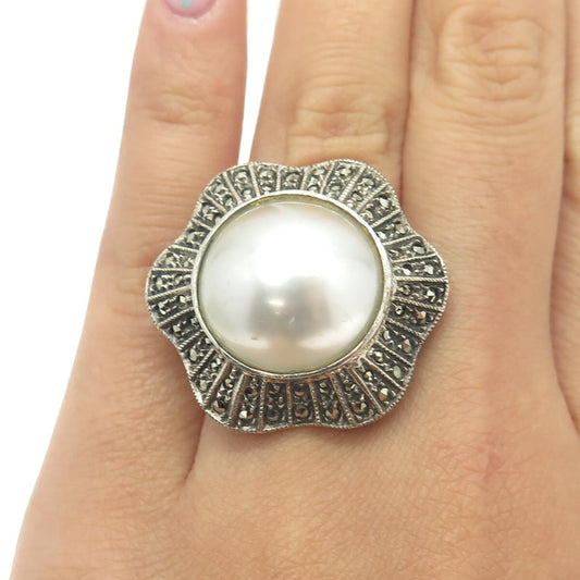 JUDITH JACK 925 Sterling Silver Vintage Faux Pearl & Marcasite Gem Ring Size 6