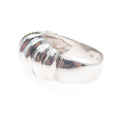 14K Gold 925 Sterling Silver Vintage Modernist Ribbed Oxidized Ring Size 11.75