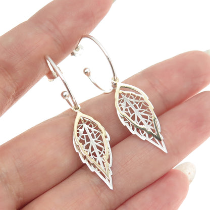 925 Sterling Silver 2-Tone Floral Leaf Dangle Charm Hoop Earrings