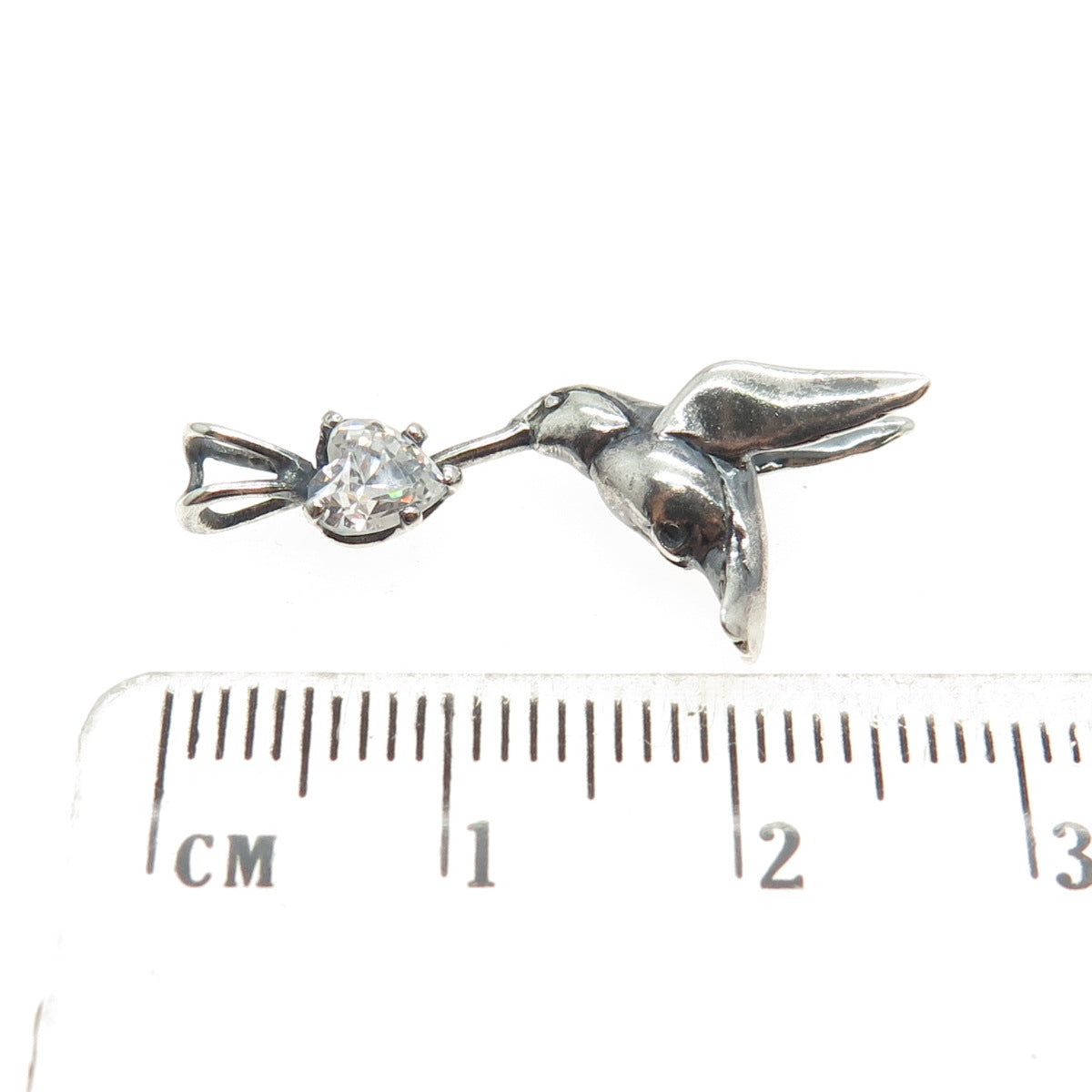 925 Sterling Silver Vintage Heart-Cut C Z Hummingbird Oxidized Mini Pendant