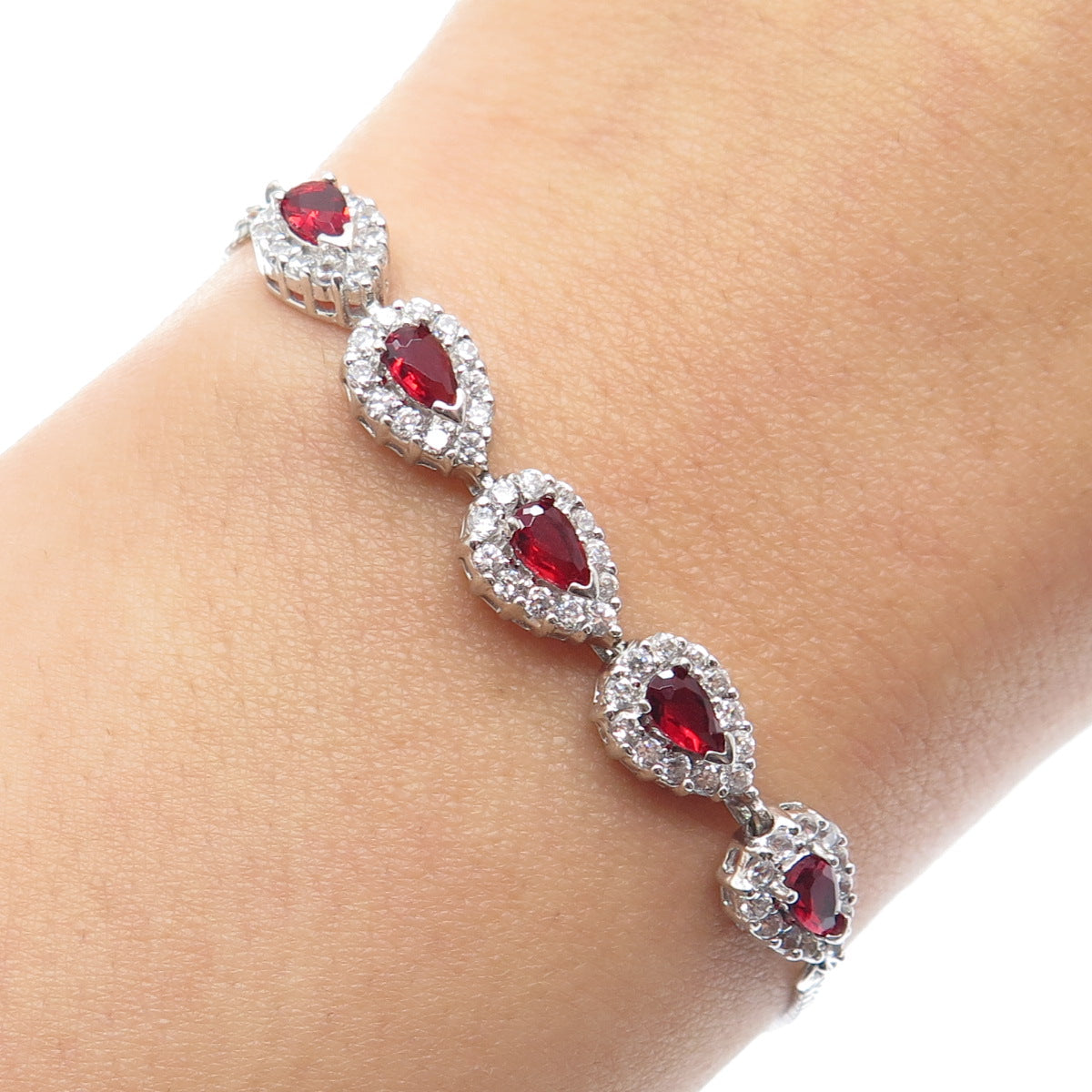 925 Sterling Silver Pear & Round-Cut Red White C Z Teardrop Bracelet 6.5-7.5"