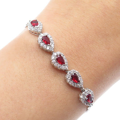 925 Sterling Silver Pear & Round-Cut Red White C Z Teardrop Bracelet 6.5-7.5"