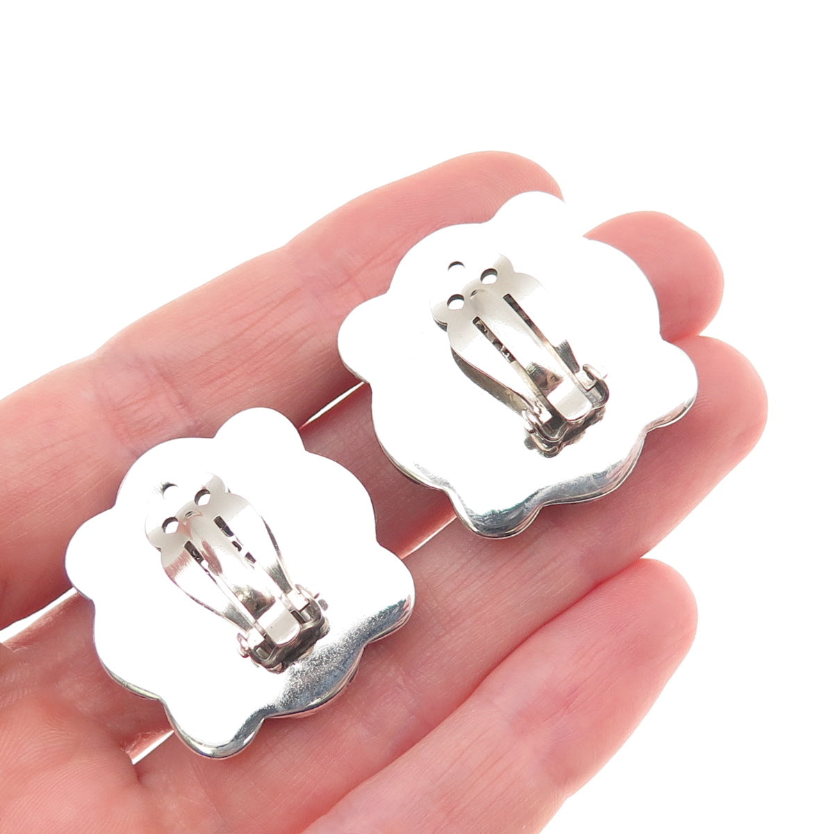925 Sterling 2-Tone Vintage Mexico Floral Ornate Oxidized Clip On Earrings