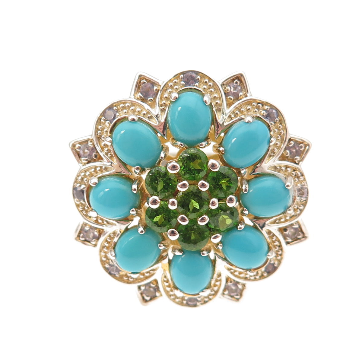 925 Sterling Silver 2-Tone Real Turquoise Tanzanite & Peridot Ring Size 8.25