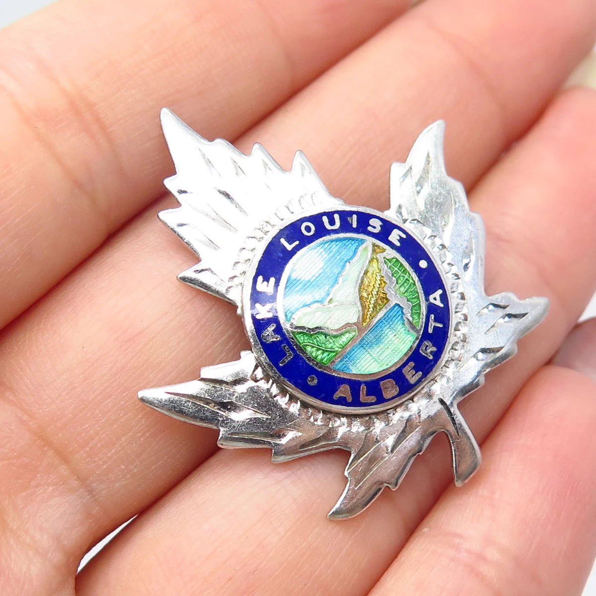 925 Sterling Silver Vintage BMCo Enamel "Lake Louise Alberta" Maple Leaf Brooch