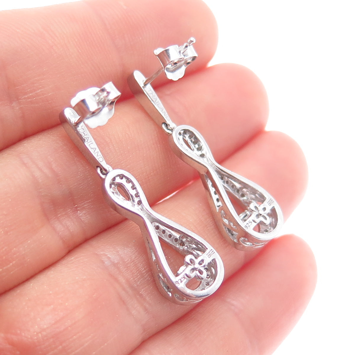 925 Sterling Silver Real Round-Cut Diamond Infinity Dangle Earrings