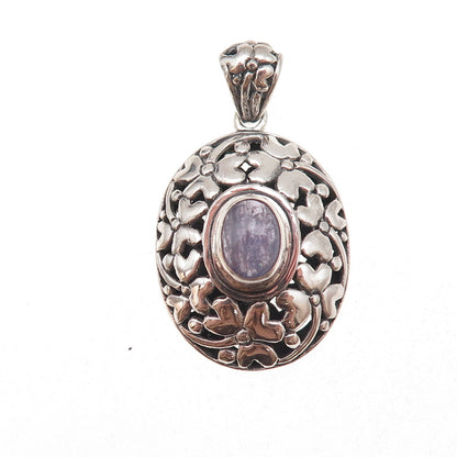 925 Sterling Silver Vintage Real Tanzanite Floral Oxidized Charm Pendant