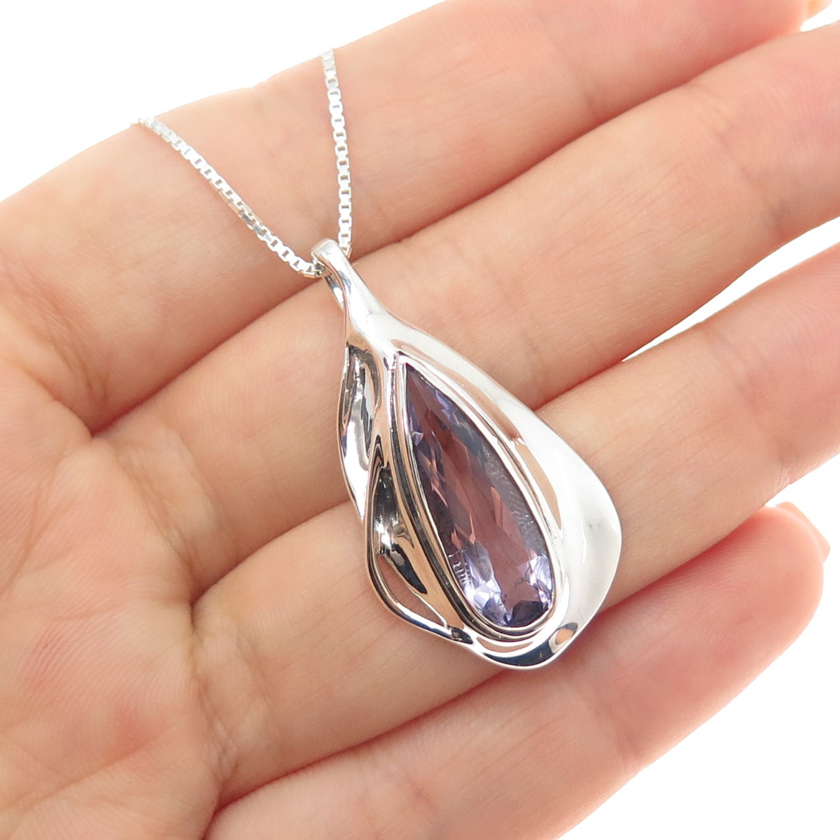 HAGIT GORALI 925 Sterling Silver Vintage Real Amethyst Box Chain Necklace 20"