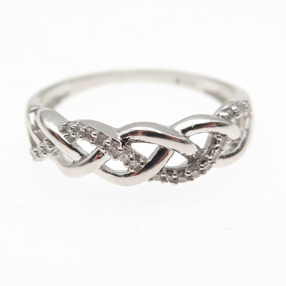 925 Sterling Silver Real Round-Cut Diamond Woven Ring Size 7.75