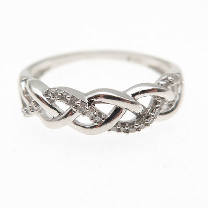 925 Sterling Silver Real Round-Cut Diamond Woven Ring Size 7.75