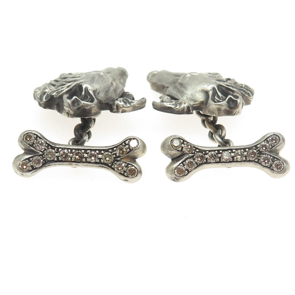 925 Sterling Silver Vintage Real Round-Cut Champagne Diamond Sheltie Cufflinks