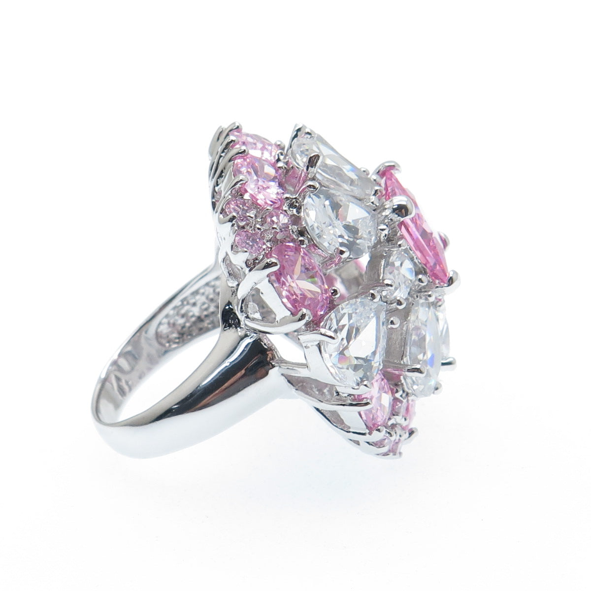 925 Sterling Silver White & Pink C Z Wide Domed Ring Size 8.25