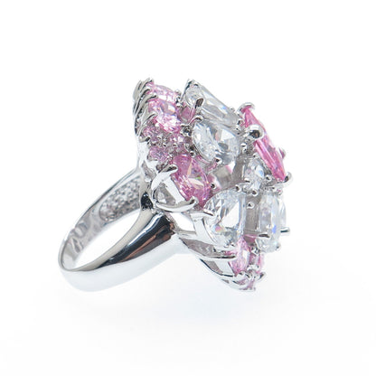 925 Sterling Silver White & Pink C Z Wide Domed Ring Size 8.25
