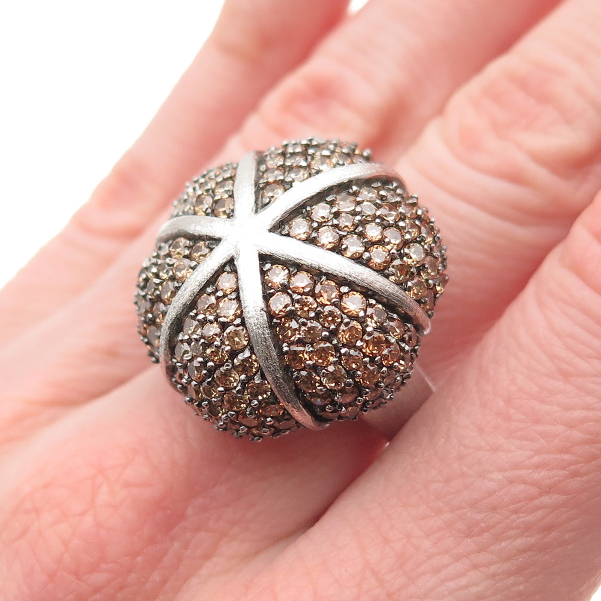 925 Sterling Silver Round-Cut Cognac C Z Statement Dome Ring Size 7.25