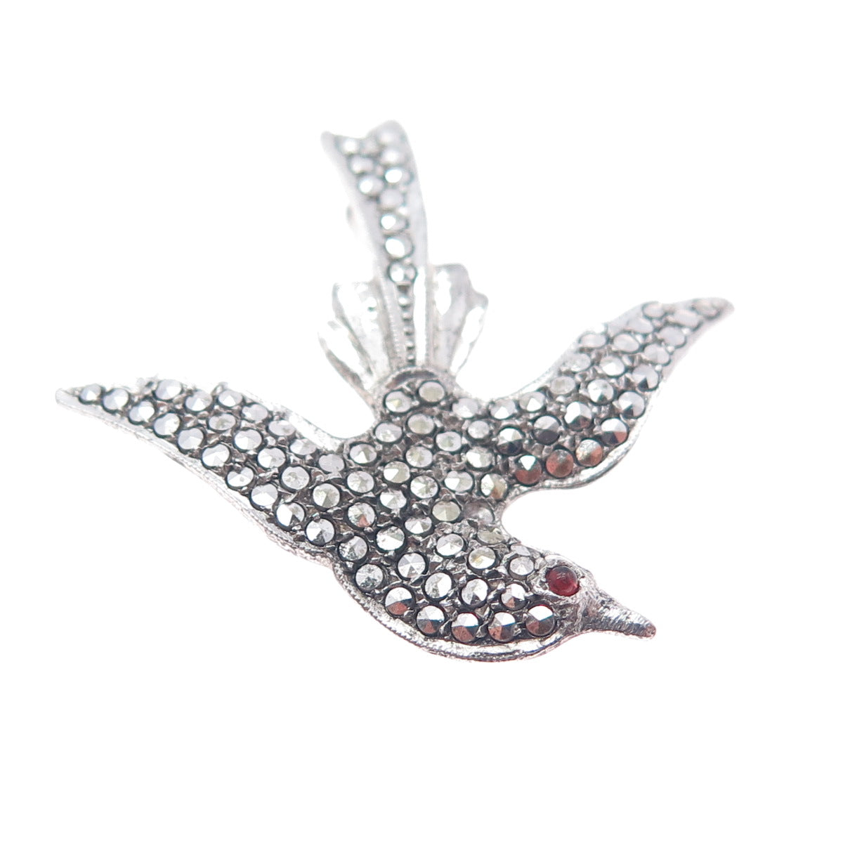 925 Sterling Silver Antique Marcasite & Garnet Holy Spirit Pin (missing 1 stone)