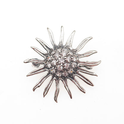 925 Sterling Silver Vintage Round-Cut C Z Modernist Floral Oxidized Pin Brooch