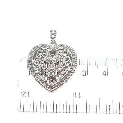 925 Sterling Silver Real Round-Cut Diamond Ornate Heart Charm Pendant