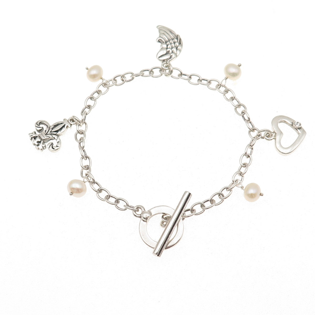 Barse 925 Sterling Silver Vintage Real Pearl & C Z Multi-Charm Bracelet 7.25"