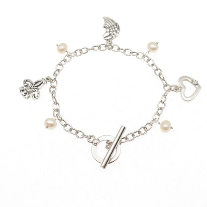 Barse 925 Sterling Silver Vintage Real Pearl & C Z Multi-Charm Bracelet 7.25"