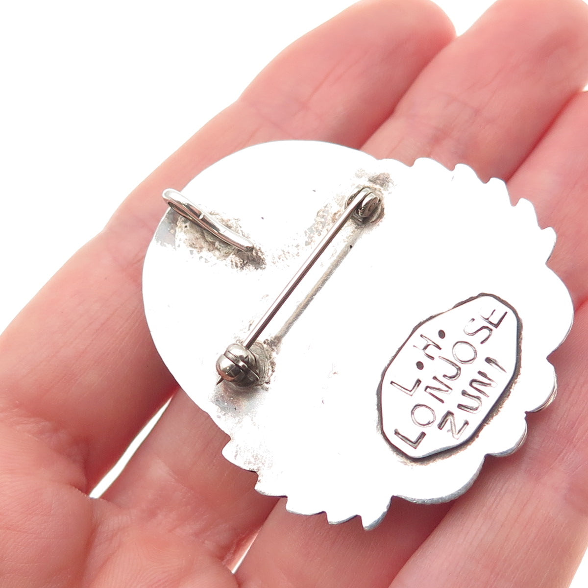 L.H. Lonjose Zuni Old Pawn Sterling Turquoise Coral Onyx MOP Warrior Pin Pendant