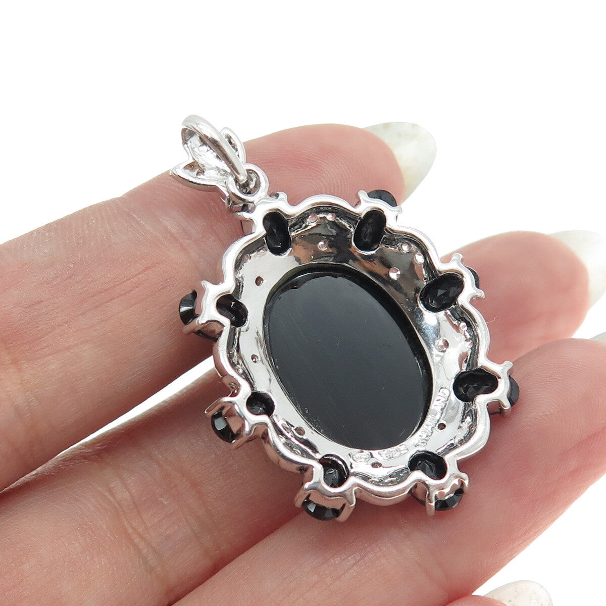 925 Sterling Silver Real Oval-Cut Black Spinel & White Topaz Pendant
